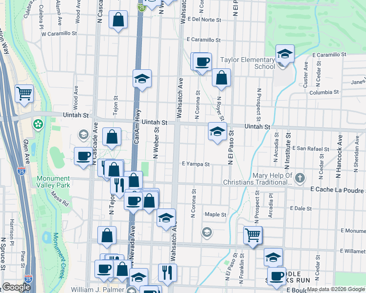 map of restaurants, bars, coffee shops, grocery stores, and more near 1019 North Wahsatch Avenue in Colorado Springs