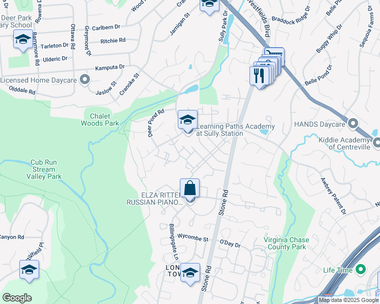 map of restaurants, bars, coffee shops, grocery stores, and more near 14717 Beaumeadow Drive in Centreville