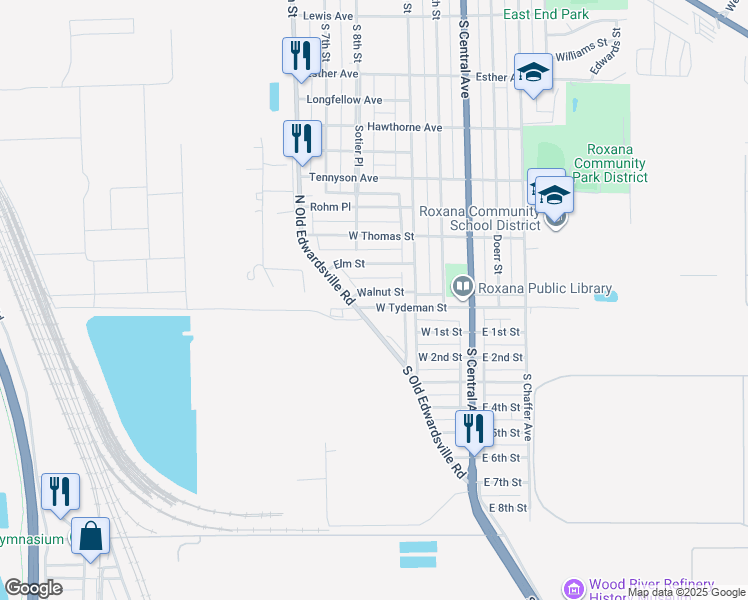 map of restaurants, bars, coffee shops, grocery stores, and more near 215 West Tydeman Street in Roxana