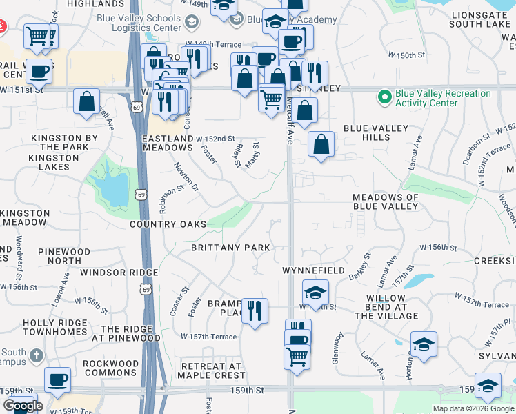 map of restaurants, bars, coffee shops, grocery stores, and more near 15433 Foster in Overland Park