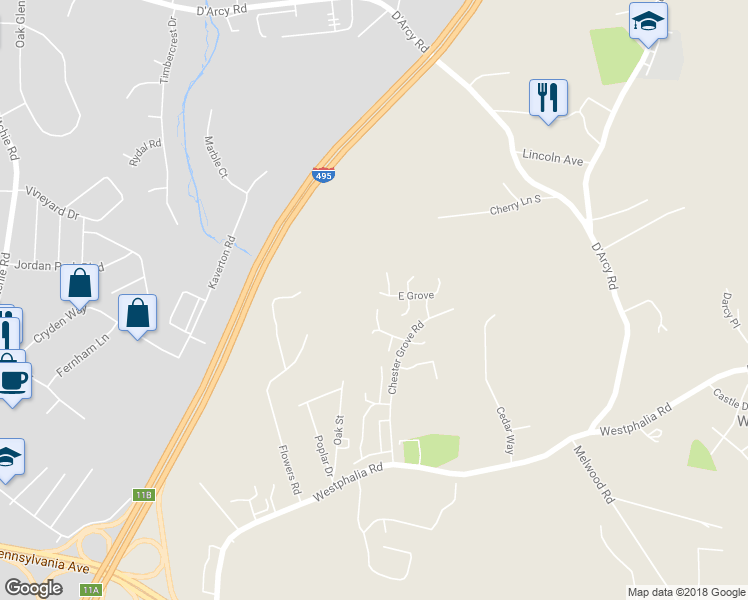 map of restaurants, bars, coffee shops, grocery stores, and more near 8705 East Grove in Upper Marlboro