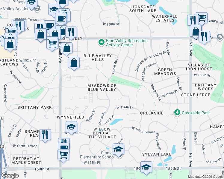 map of restaurants, bars, coffee shops, grocery stores, and more near 6233 West 155th Terrace in Overland Park