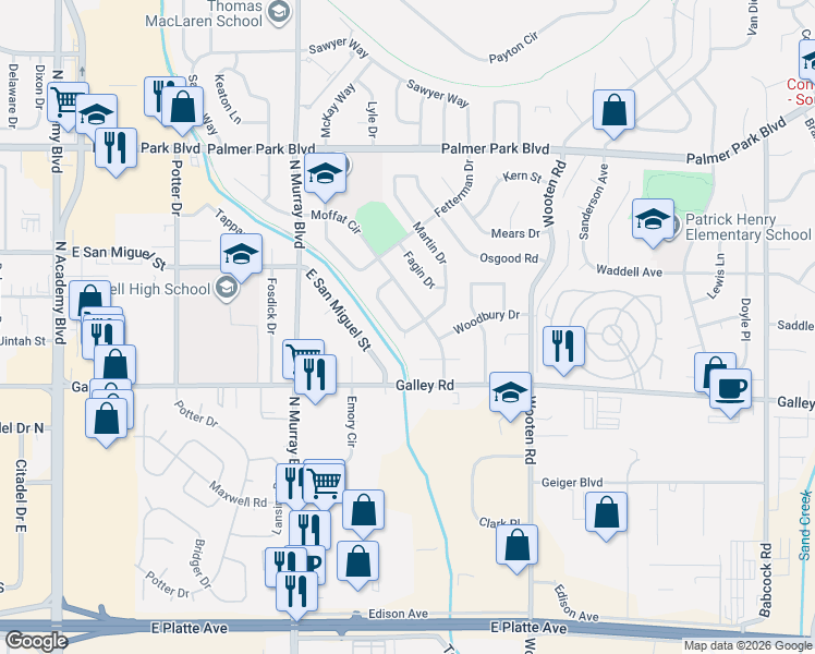 map of restaurants, bars, coffee shops, grocery stores, and more near 1110 Drake Circle in Colorado Springs
