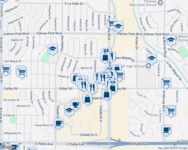 map of restaurants, bars, coffee shops, grocery stores, and more near 1102 Delaware Drive in Colorado Springs