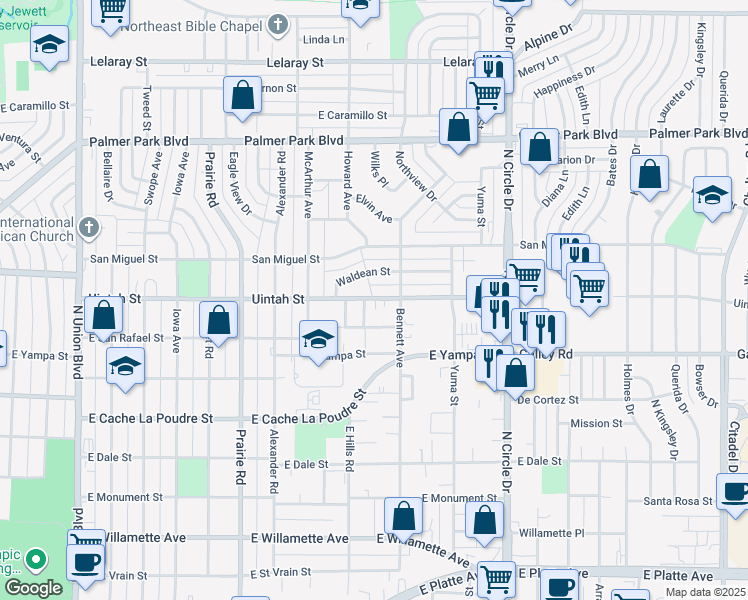 map of restaurants, bars, coffee shops, grocery stores, and more near 2575 East Uintah Street in Colorado Springs