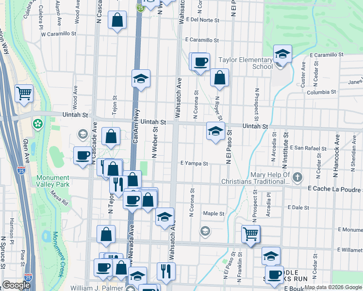 map of restaurants, bars, coffee shops, grocery stores, and more near 1019 North Wahsatch Avenue in Colorado Springs