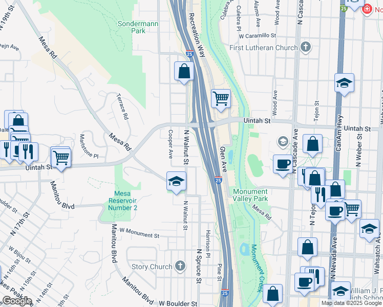 map of restaurants, bars, coffee shops, grocery stores, and more near 452 West Yampa Street in Colorado Springs