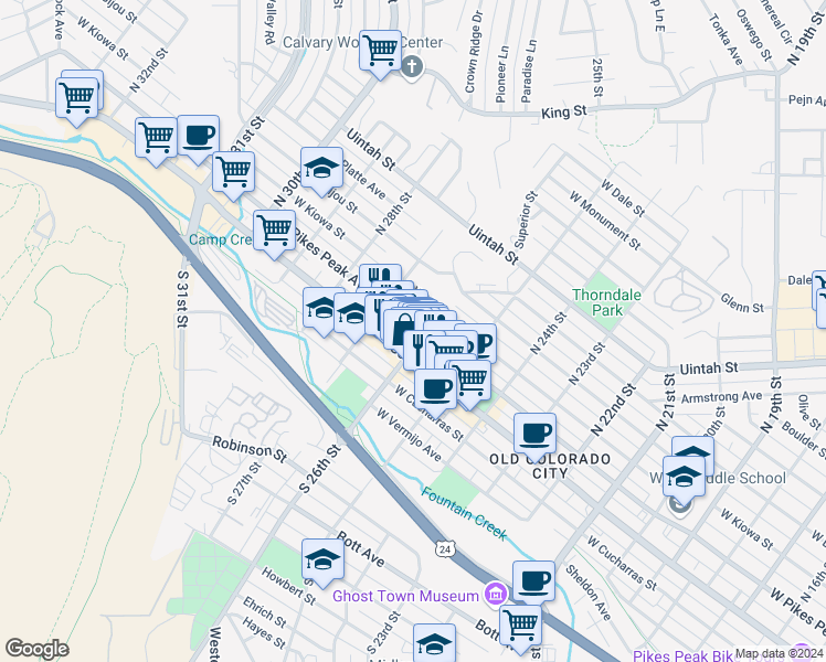 map of restaurants, bars, coffee shops, grocery stores, and more near 2526 West Pikes Peak Avenue in Colorado Springs