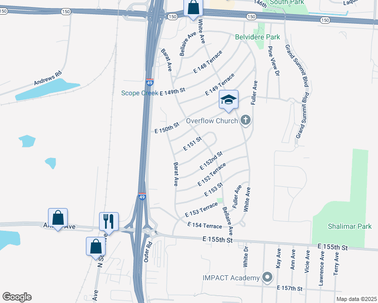 map of restaurants, bars, coffee shops, grocery stores, and more near 6006 East 151 Terrace in Grandview