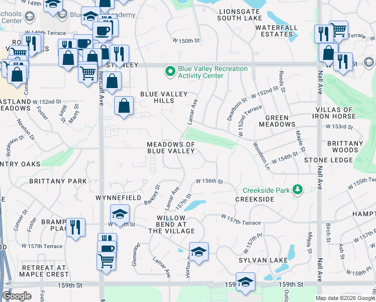 map of restaurants, bars, coffee shops, grocery stores, and more near 6233 West 155th Terrace in Overland Park
