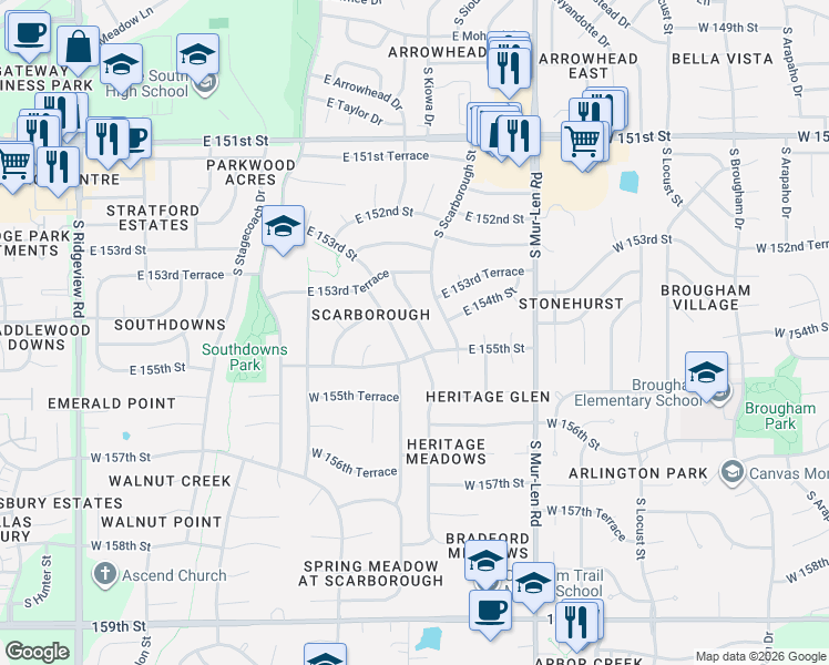 map of restaurants, bars, coffee shops, grocery stores, and more near 2109 South Apache Lane in Olathe