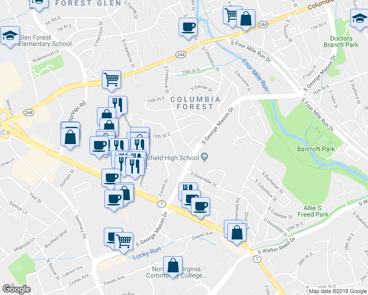 map of restaurants, bars, coffee shops, grocery stores, and more near 1224 South Frederick Street in Arlington