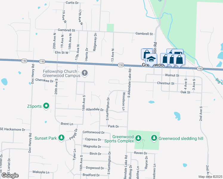 map of restaurants, bars, coffee shops, grocery stores, and more near 1302 Circle in Greenwood