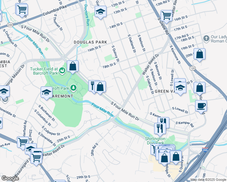 map of restaurants, bars, coffee shops, grocery stores, and more near 4083 South Four Mile Run Drive in Arlington