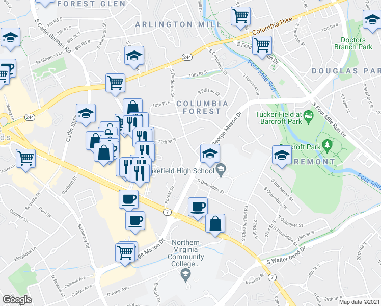 map of restaurants, bars, coffee shops, grocery stores, and more near 1224 South Frederick Street in Arlington