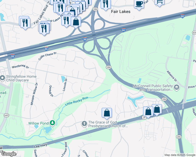 map of restaurants, bars, coffee shops, grocery stores, and more near 4921 Berkshire Woods Drive in Fairfax