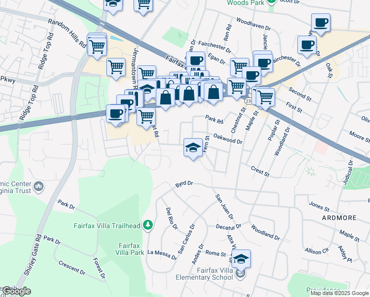 map of restaurants, bars, coffee shops, grocery stores, and more near 11011 Westmore Drive in Fairfax