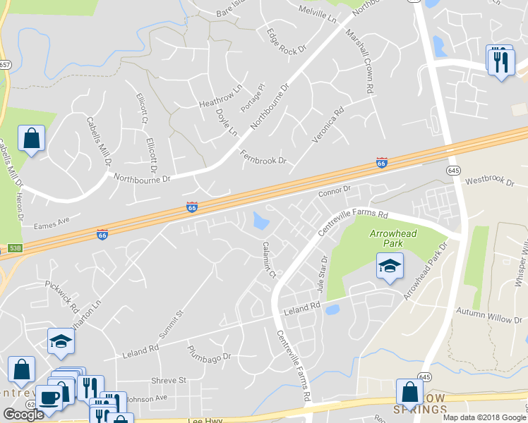 map of restaurants, bars, coffee shops, grocery stores, and more near 5304 Rosemallow Circle in Centreville