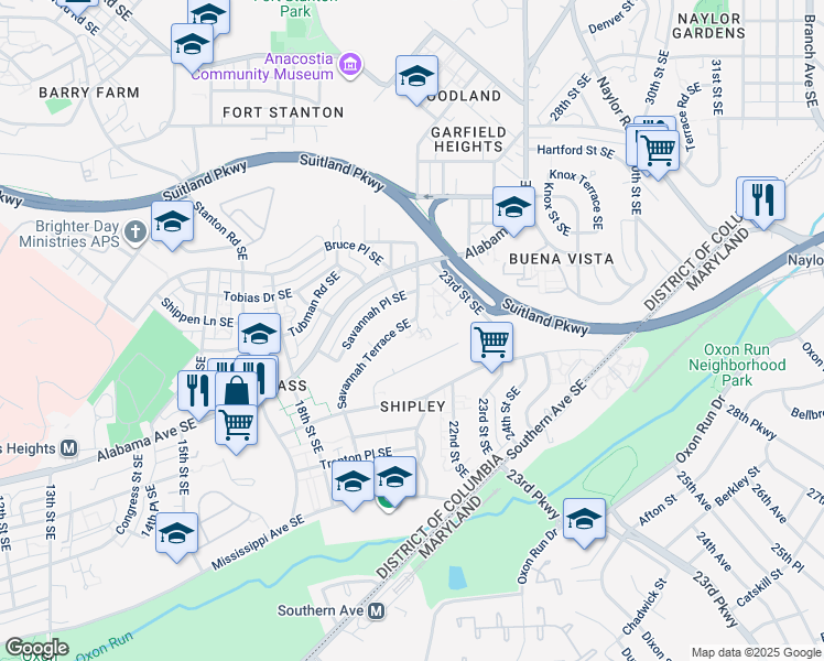 map of restaurants, bars, coffee shops, grocery stores, and more near 3331 22nd Street Southeast in Washington