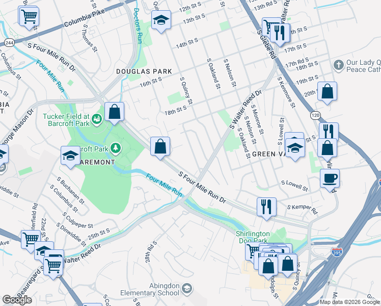 map of restaurants, bars, coffee shops, grocery stores, and more near 2100 South Randolph Street in Arlington