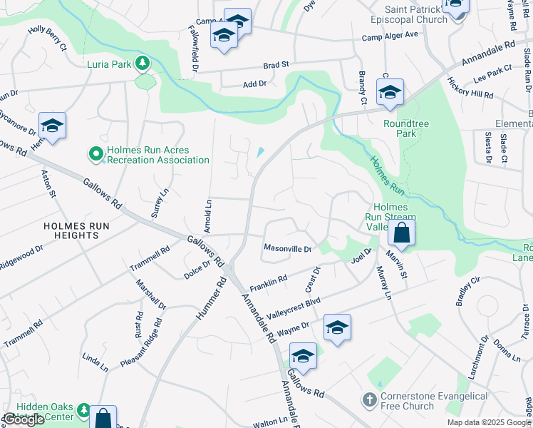 map of restaurants, bars, coffee shops, grocery stores, and more near 7410 Austin Street in Annandale