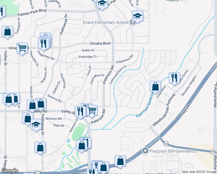 map of restaurants, bars, coffee shops, grocery stores, and more near 1160 Commanchero Drive in Colorado Springs