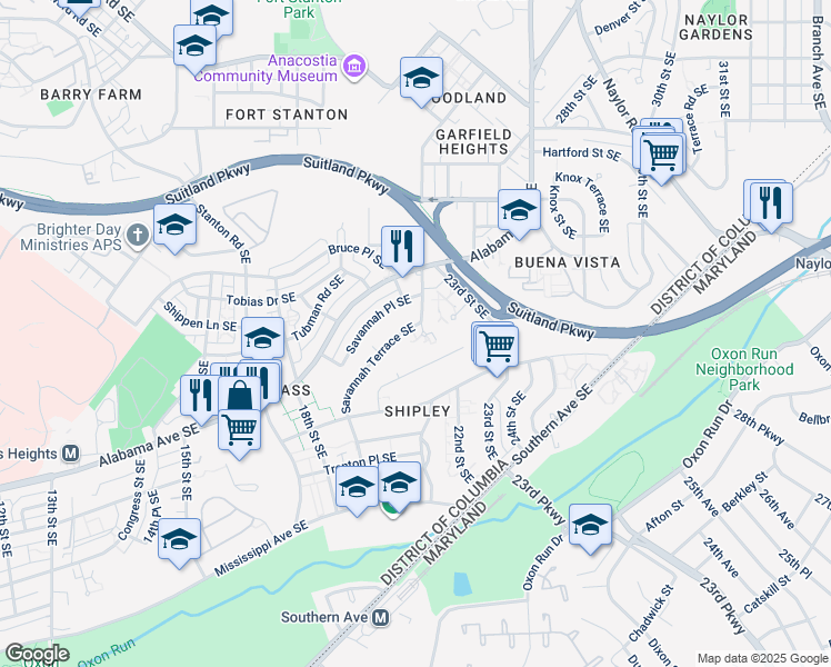 map of restaurants, bars, coffee shops, grocery stores, and more near 3331 22nd Street Southeast in Washington
