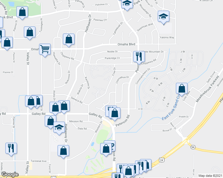 map of restaurants, bars, coffee shops, grocery stores, and more near 1174 Chiricahua Drive in Colorado Springs