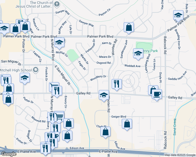 map of restaurants, bars, coffee shops, grocery stores, and more near 1025 Turley Drive in Colorado Springs