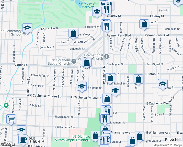 map of restaurants, bars, coffee shops, grocery stores, and more near 1102 North Meade Avenue in Colorado Springs