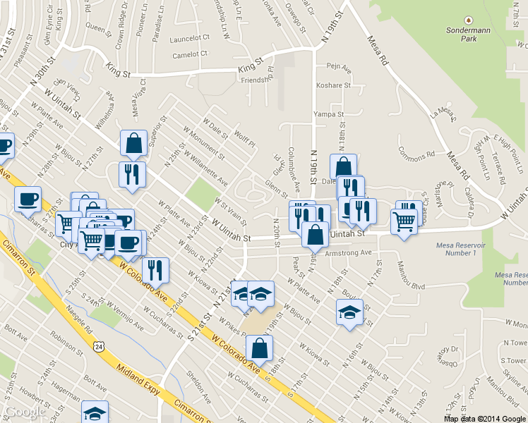 map of restaurants, bars, coffee shops, grocery stores, and more near 1367 Mirrillion Heights in Colorado Springs