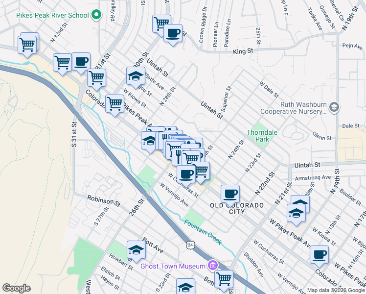 map of restaurants, bars, coffee shops, grocery stores, and more near 2526 West Pikes Peak Avenue in Colorado Springs