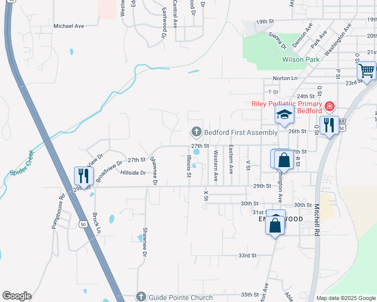 map of restaurants, bars, coffee shops, grocery stores, and more near 2781-2909 Illinois Street in Bedford
