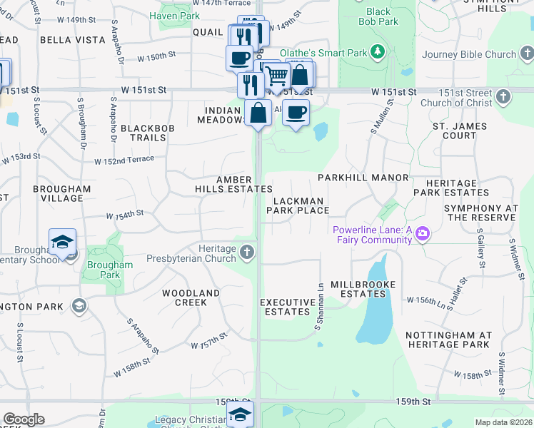 map of restaurants, bars, coffee shops, grocery stores, and more near 15404 South Constance Street in Olathe