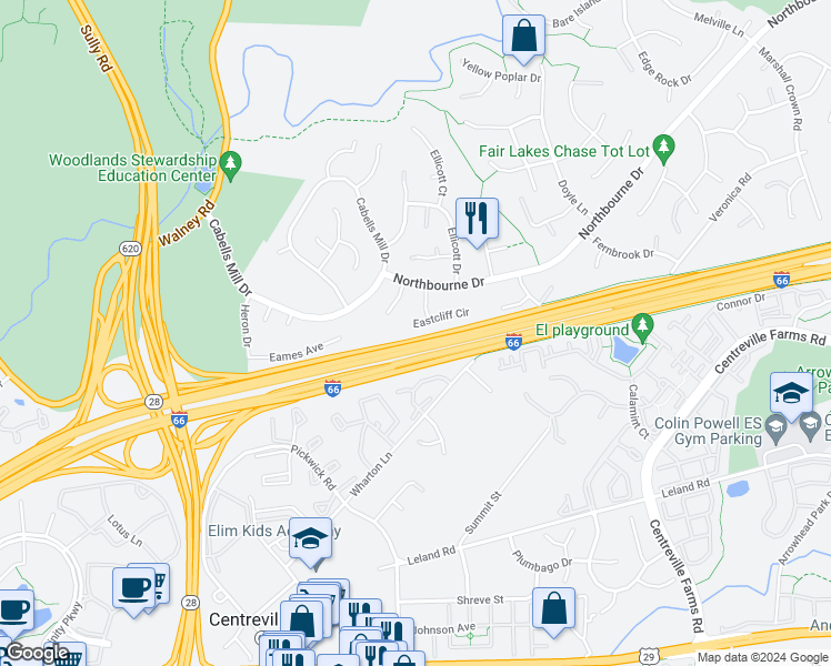 map of restaurants, bars, coffee shops, grocery stores, and more near 13719 Eastcliff Circle in Centreville