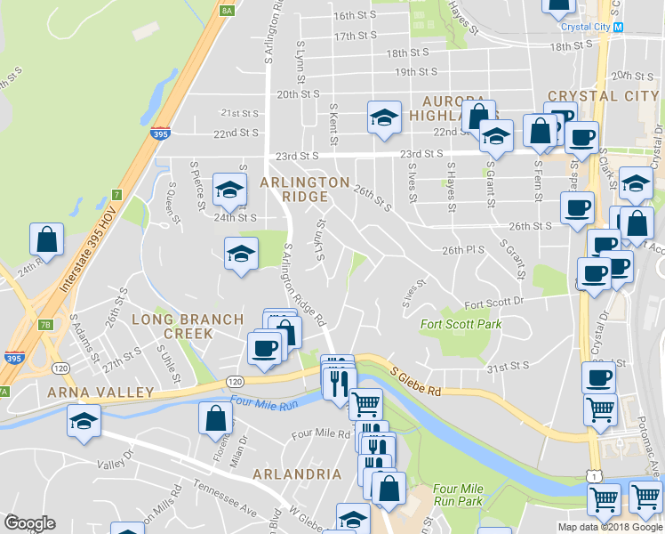 map of restaurants, bars, coffee shops, grocery stores, and more near 2622 South Kent Street in Arlington