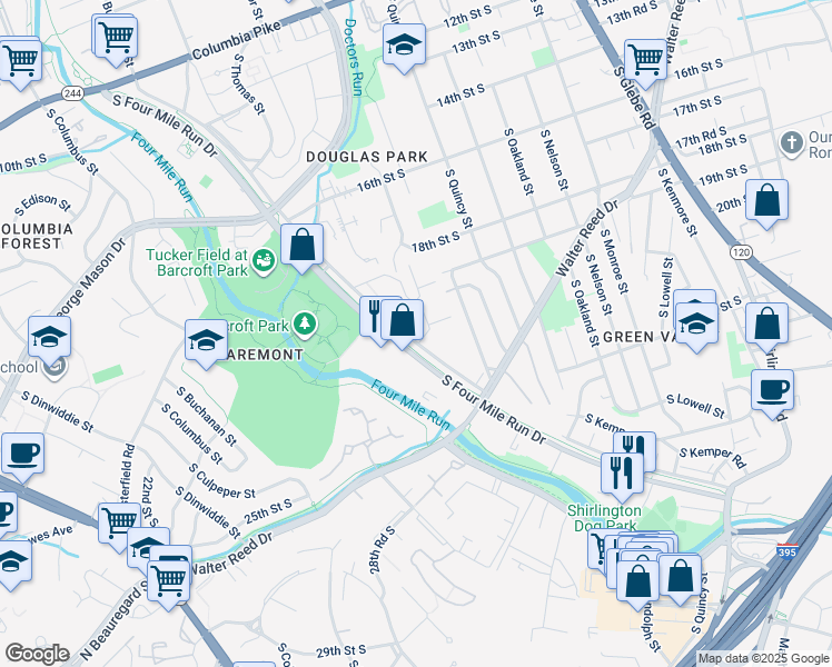 map of restaurants, bars, coffee shops, grocery stores, and more near 4161 South Four Mile Run Drive in Arlington