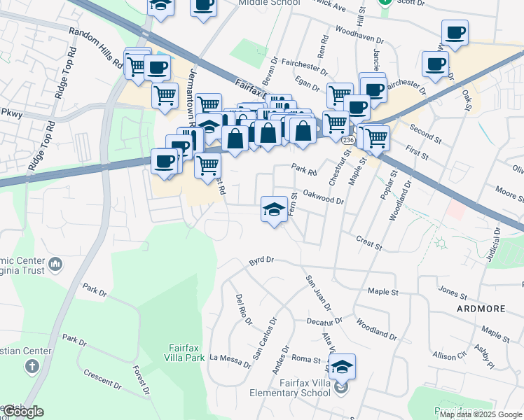 map of restaurants, bars, coffee shops, grocery stores, and more near 11011 Westmore Drive in Fairfax