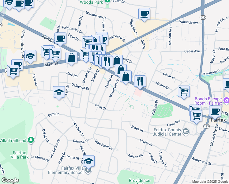 map of restaurants, bars, coffee shops, grocery stores, and more near 4021 Woodland Drive in Fairfax