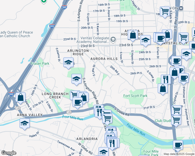 map of restaurants, bars, coffee shops, grocery stores, and more near 2622 South Kent Street in Arlington