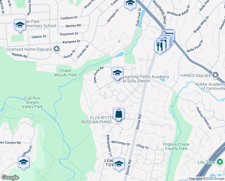 map of restaurants, bars, coffee shops, grocery stores, and more near 5806 Deer Lake Lane in Centreville