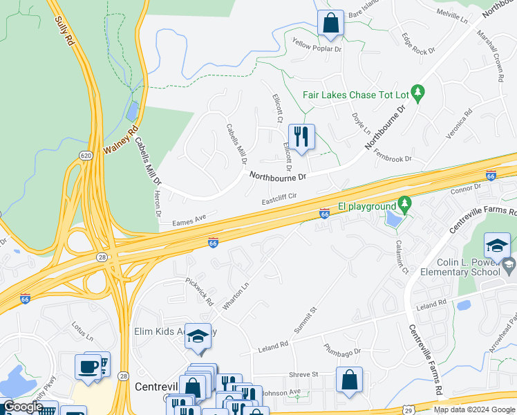 map of restaurants, bars, coffee shops, grocery stores, and more near 13721 Eastcliff Circle in Centreville
