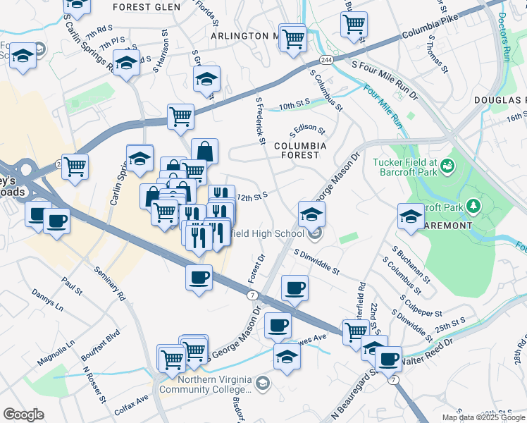 map of restaurants, bars, coffee shops, grocery stores, and more near 1212 South Forest Drive in Arlington