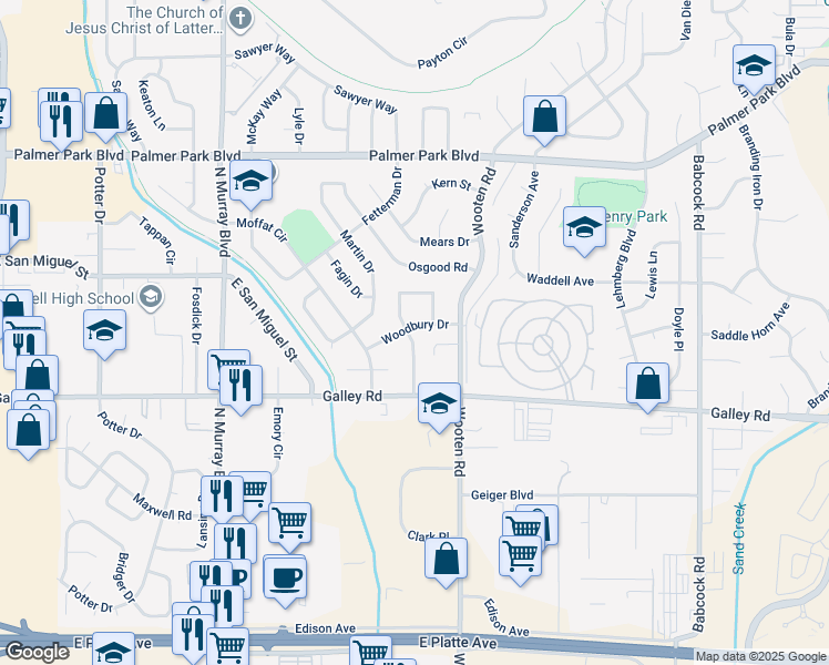 map of restaurants, bars, coffee shops, grocery stores, and more near 1025 Turley Drive in Colorado Springs