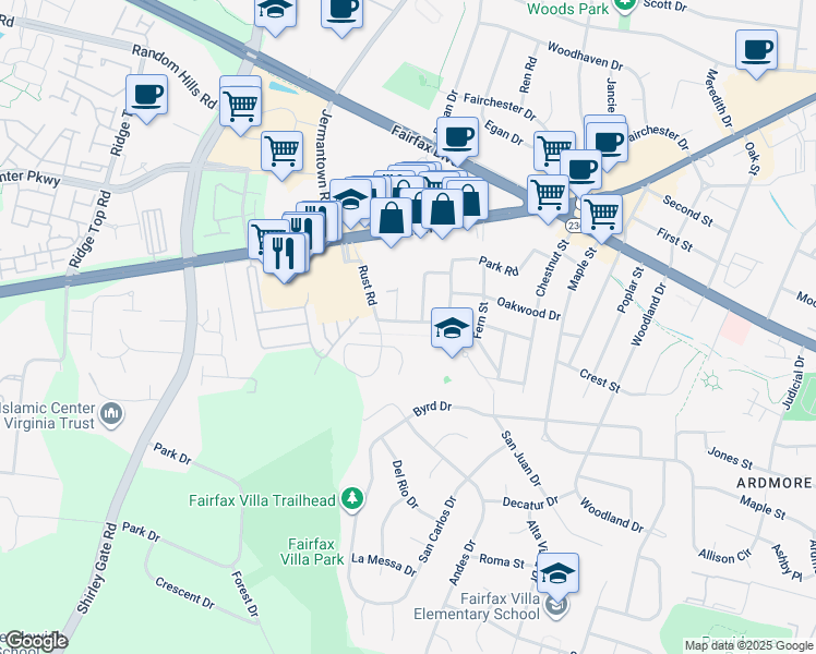 map of restaurants, bars, coffee shops, grocery stores, and more near 11021 Westmore Drive in Fairfax