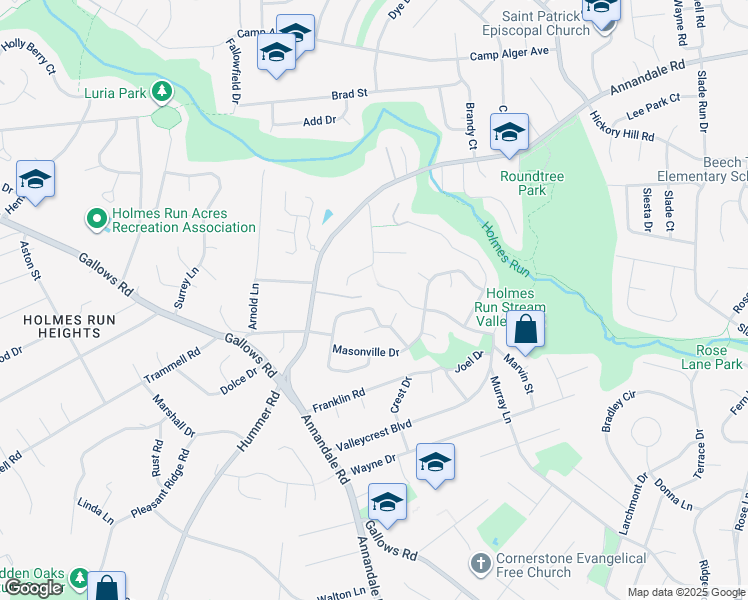 map of restaurants, bars, coffee shops, grocery stores, and more near 7400 Austin Street in Annandale