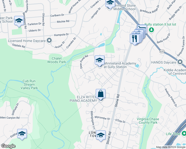 map of restaurants, bars, coffee shops, grocery stores, and more near 5804 Watermark Circle in Centreville