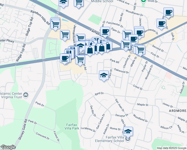 map of restaurants, bars, coffee shops, grocery stores, and more near 11021 Westmore Drive in Fairfax