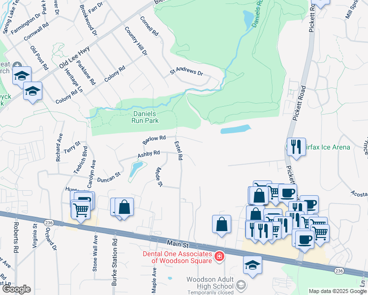 map of restaurants, bars, coffee shops, grocery stores, and more near 9714 Ashby Road in Fairfax
