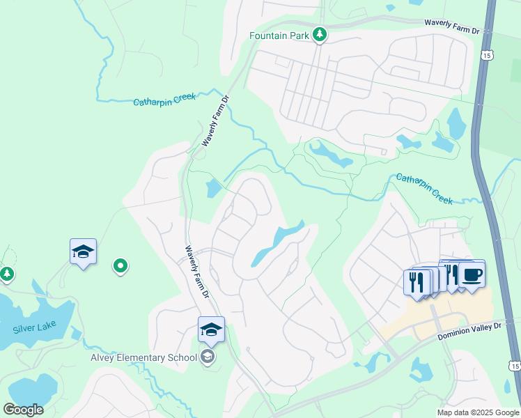 map of restaurants, bars, coffee shops, grocery stores, and more near 15714 Alderbrook Drive in Haymarket